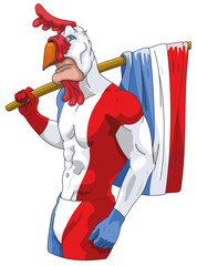 Supporter patriote français : homme coq au drapeau bleu blanc rouge