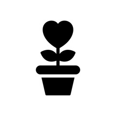 Heart Shape Flower in Pot with Leaf Silhouette Icon. Charity, Love and Romance Symbol Pictogram. Bloom Plant Grow in Flowerpot Black Icon. Isolated Vector Illustration