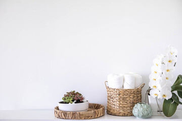 Fototapeta na wymiar Potted plants in ecology straw baskets on shelf of bed linens cupboard textile arrangement storage