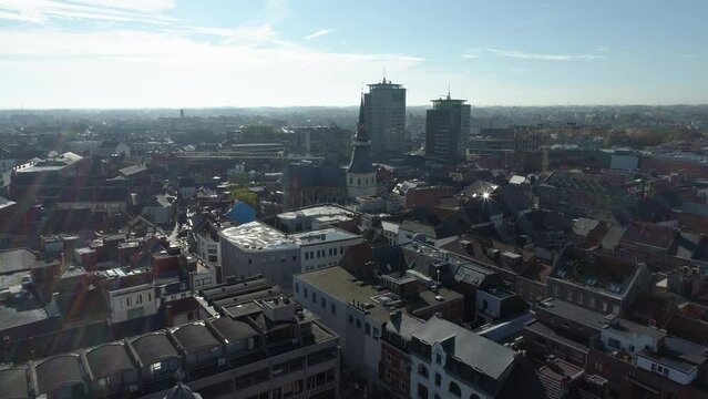 Hasselt City Center Aerial View Drone Flying Forward, Sunny Summer Day