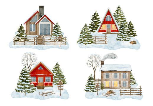 Watercolor set of winter house illustrations. Hand drawn modern wood cottage with snowy fir trees isolated on white background. Woodland cabin for cards, celebration design