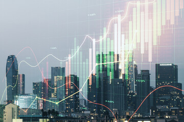 Multi exposure of abstract virtual financial graph hologram on Los Angeles skyline background, forex and investment concept