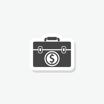 Briefcase and money sticker icon isolated on white background