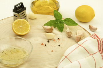 Fresh garlic and spices, sauce preparation process