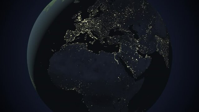 Seamless looping animation of the earth at night zooming in to the 3d map of Armenia with the capital and the biggest cites in 4K resolution
