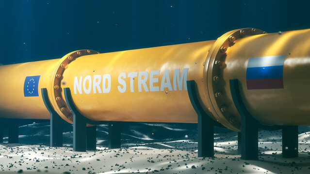 Yellow metal gas pipeline pipe under water at the bottom of the ocean. Gas transportation. Trumpet with EU and Russia flags. nord stream. 3d rendering