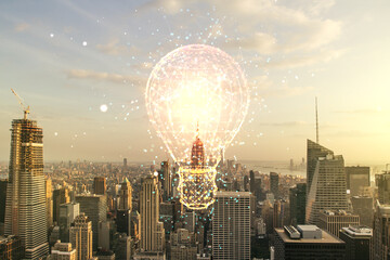 Abstract virtual light bulb illustration on New York cityscape background, future technology...