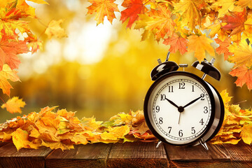 Alarm clock on wooden table and beautiful autumn leaves against blurred background, space for text. Time change concept