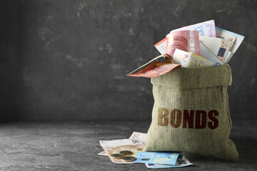 Eurobonds concept. Sack full of money on grey table, space for text