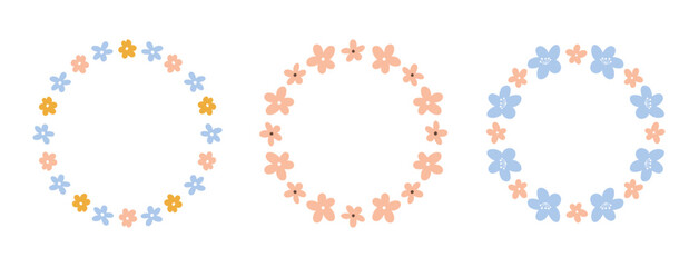 Set of cute floral wreaths with tiny flowers isolated on white background. Vector hand-drawn flat illustration. Perfect for cards, invitations, decorations, logo, various designs.