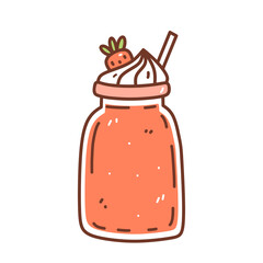 Strawberry milkshake with whipped cream isolated on white background. Vector hand-drawn illustration in doodle style. Perfect for cards, logo, decorations, menu, various designs.