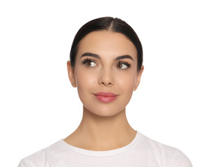 Fototapeta premium Beautiful young woman with long eyelashes on white background