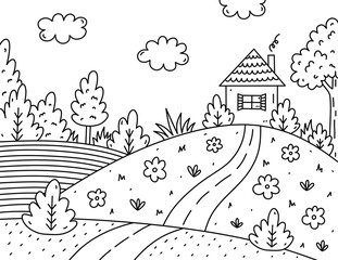 Cute kids coloring page. Landscape with clouds, house, trees, bushes, flowers, field and road. Vector hand-drawn illustration in doodle style. Cartoon coloring book for children.
