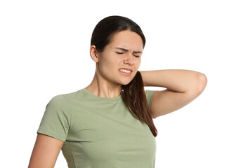 Fototapeta premium Young woman suffering from neck pain on white background