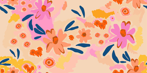 Hand drawn artistic abstract flowers and leaves print. Cute modern style pattern. Fashionable template for design.