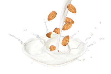 Almond milk splash with almonds nuts falling isolated on white background.