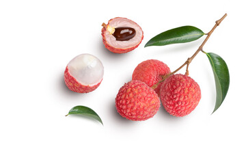 Fresh Lychee fruit and green leaf isolated on white background, Top view, Flat lay.	