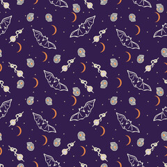 Halloween background. Vector seamless pattern with pumpkins, bats, skulls. Spooky season.