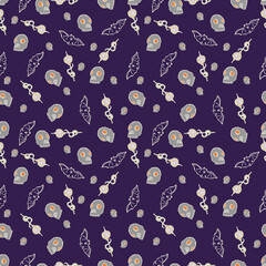 Halloween background. Vector seamless pattern with pumpkins, bats, skulls. Spooky season.
