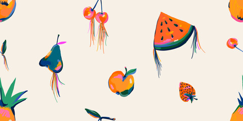 Hand drawn artistic embroidery fruits pattern. Collage playful contemporary print. Fashionable template for design.