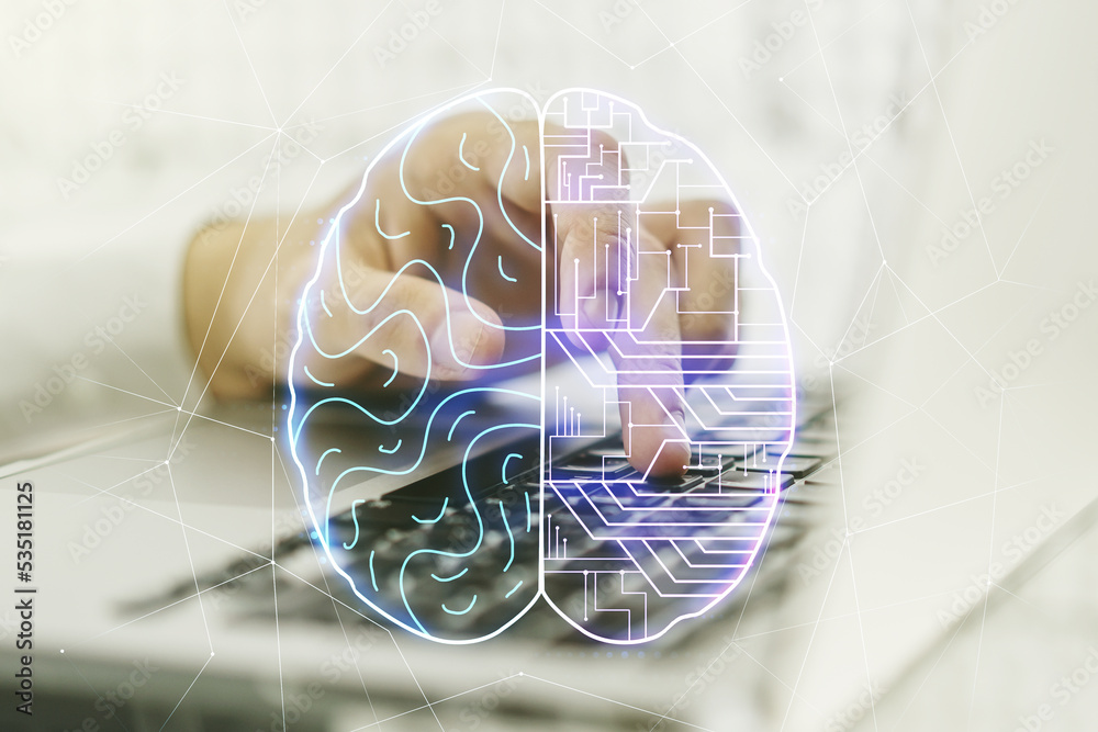 Poster creative artificial intelligence concept with human brain sketch and hands typing on computer keyboa