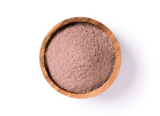 Blueberry powder in wooden bowl isolated on white background.	
