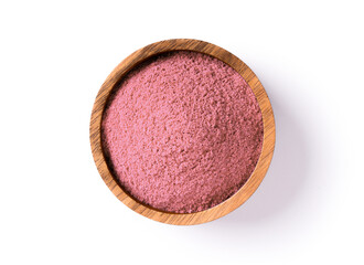 Pink fruity protein powder in wooden bowl  isolated on white background. Top view. Flat lay.