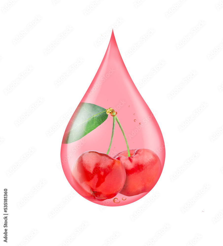 Wall mural acerola cherry anti aging serum oil drop isolated on white background. fruit collagen, natural organ