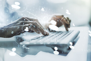 Social network media concept with hands typing on computer keyboard on background. Double exposure