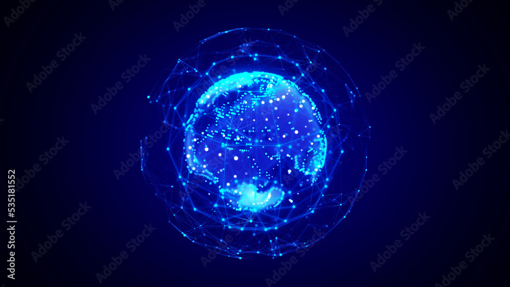 Poster Abstract planet Earth with particles and a connected shell with lines. Global network connection. Science and technology. 3D rendering.