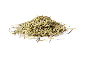 Pile of dried rosemary leaves isolated on white background.