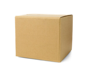 One closed cardboard box on white background