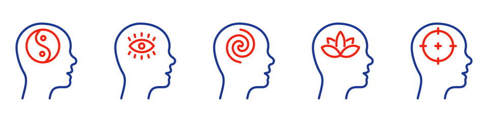 Brain Balance Harmony in Head Line Icon. Illuminati Eye, Target, Lotus Khamsa, Yin Yang Linear Pictogram. Peace in Human Head Concept Color Outline Icon. Editable Stroke. Isolated Vector Illustration