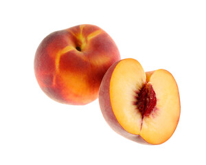 Whole and cut ripe peaches isolated on white