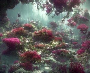 Underwater scene. Beautiful coral reefs in a tropical ocean. Soft light pouring from above. Fantasy 3D illustration. 3D render.