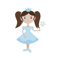 Cute little pretty princess girl in a blue dress with brown hair. Cartoon illustration for kids clothing. Use for print, surface design, fashion wear