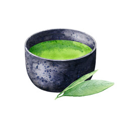 Green tea in black bowl and tea leaves. Watercolor illustration of herbal asian tisane. Element for menu, logo, recipe, label, packaging design. Traditional japanese drink.
