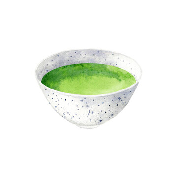 Matcha green tea in white ceramic bowl. Watercolor illustration of herbal asian tisane. Element for menu, logo, recipe, label, packaging design. Traditional japanese drink.