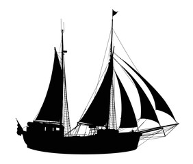 The silhouette of a large sailing ship.
