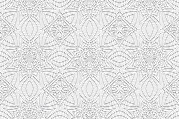 Embossed white background, ethnic unique cover design. Geometric 3D pattern, press paper, boho style. Tribal handmade ornamental themes of East, Asia, India, Mexico, Aztecs, Peru.