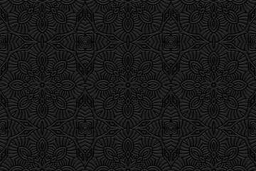 Embossed black background, ethnic vintage cover design. Geometric 3D pattern, press paper, boho style. Tribal handmade ornamental themes of East, Asia, India, Mexico, Aztecs, Peru.