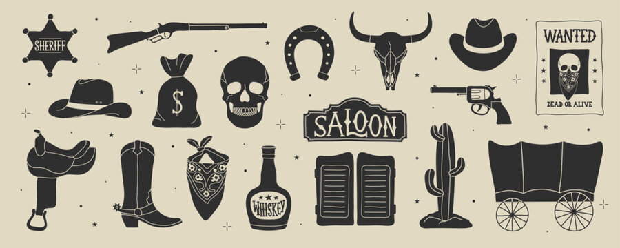 Wild west elements in modern flat, line style. Hand drawn vector illustration: cowboy boot, hat, saloon doors and sign, bandana, bull and human skull, revolver, cactus, whiskey bottle, wagon, rifle.