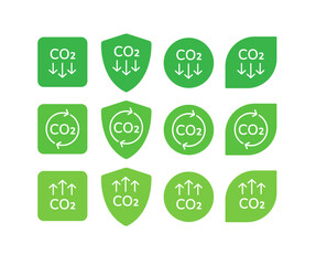 CO2 emission reduction neutral banner icon set bundle. Zero carbon footprint, greenhouse effect, stop global warming green eco labels isolated on white background collection. Flat vector icon pack.