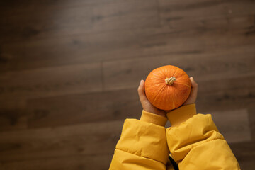 Children's hands in a yellow jacket hold a small pumpkin, free space