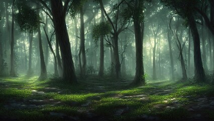 Fantasy fairy-tale magical forest, sunny evening light through the branches of trees. Magical trees in a wooded area. Haze at sunset, plants, moss and grass in the forest. 3d illustration