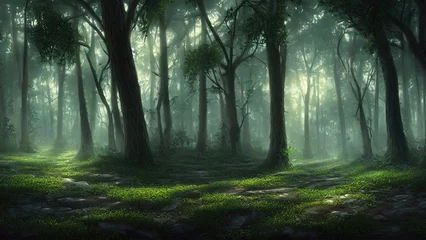  Fantasy fairy-tale magical forest, sunny evening light through the branches of trees. Magical trees in a wooded area. Haze at sunset, plants, moss and grass in the forest. 3d illustration © Mars0hod
