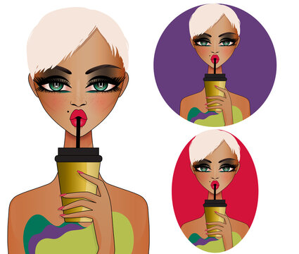 Gril with coffee. Girl avatar illustration clipart isolated on transparent background. 