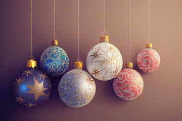 Festive christmas tree balls hanging from wall as decoration