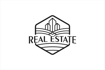 Fototapeta premium Real estate logo house building skyscraper roof window modern simple design silhouette city residence property icon 