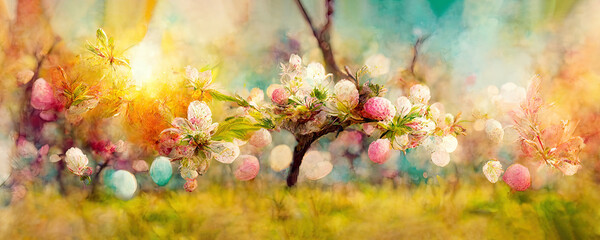 Obraz na płótnie Canvas Cherry blossom tree in park on sunny day in spring as wallpaper